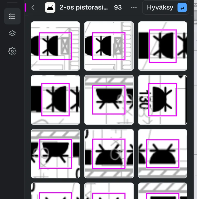 Yhden symbolityypin osumat, kukin piirustuksesta rajattuna, rinnakkain.